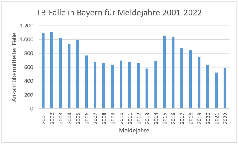 In einem Säulendiagramm sind die gemeldeten Tuberkulose-Neuerkrankungen in Bayern für die Jahre 2001 bis 2022 dargestellt (Datenquelle: SurvNet; Datenstand: 01.03.2022)