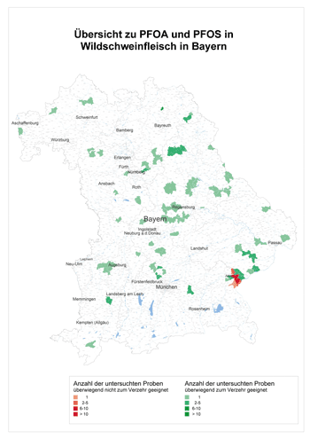 Karte zur Übersicht an Perfluoroctansäure und Perfluoroctansulfonsäure in Wildschweinfleichs in Bayern