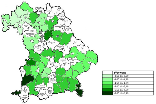 Die Abbildung 2 zeigt  delta 18O-Werte Bayerischer Streuobst-Apfelsäfte Ernte 2016 (n=37, weiße Flächen: keine Daten verfügbar)