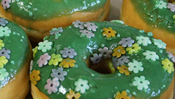 Donuts mit grüner Lebensmittelfarbe und bunten, essbaren Blüten.