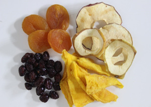 Die Abbildung zeigt getrocknete Weinbeeren, Aprikosen, Apfelringe und Birnenspalten 