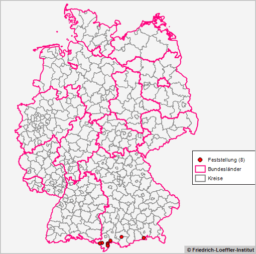 Auf einer Bayernkarte ist ersichtlich, dass in der Zeit vom 01.01.1995 bis zum 31.12.2015 acht Fälle von Rauschbrand, verteilt auf Schwaben und Oberbayern, im bayerischen Voralpenland festgestellt wurden.