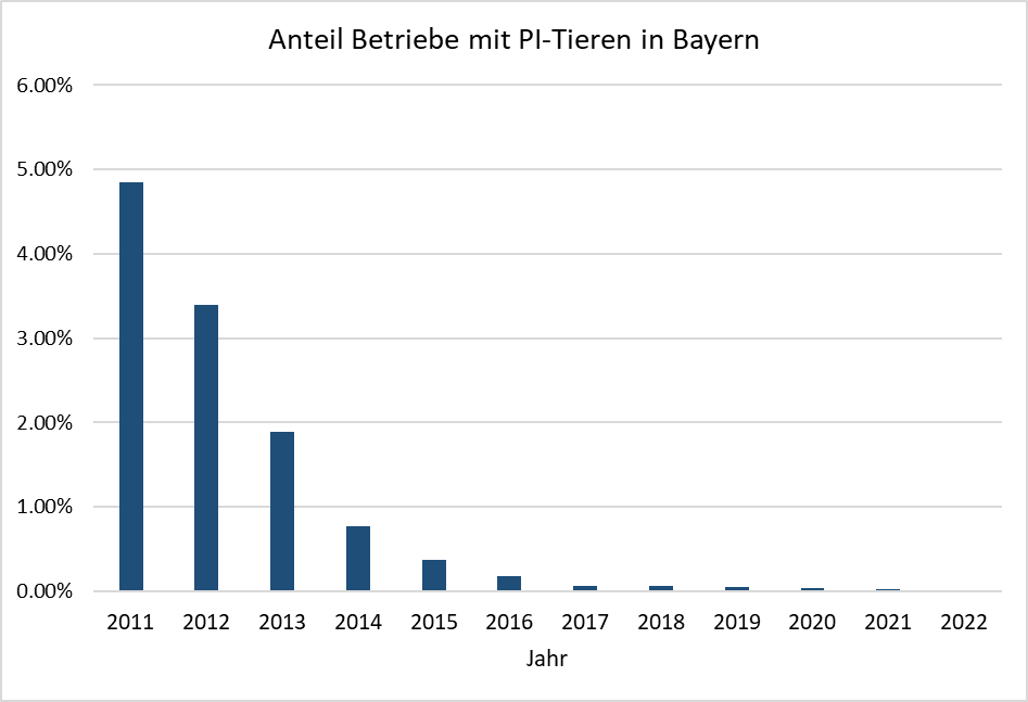 Die Grafik zeigt ein Säulendiagramm der Anteile an Betrieben mit PI-Tieren in Bayern (in Prozent) in den Jahren 2011 bis 2022. Zu Beginn lag der Anteil bei fast 5 %. Über die Jahre ist ein deutlicher Rückgang ersichtlich. Seit 2017 liegt der Anteil bei unter 0,01 %.

