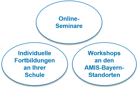 Graphik aus drei blauen Kreisen mit den Schriftzügen Online-Seminare, Individuelle Fortbildungen an der jeweiligen Schule und Workshops an den AMIS-Standorten Bamberg und München