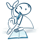 graphisches,liegendes, denkendes Männchen mit blauen Stift in der linken Hand,das  ein blauem, geöffneten Buch vor sich liegen hat. 