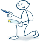 graphisch Darstellung eines laufenden Männchens, das in der linken Hand einen Stift  und in der rechten Hand ein blaues Klemmbrett mit einer gelben Klemme udn ein weißes Tuch trögt