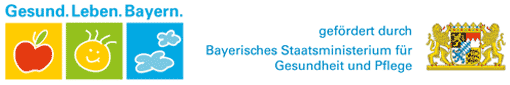 Logo Gesund.Leben.Bayern und Sfriftzug "gefördert durch Bayerisches Staatsministerium für Gesundheit und Plfege" mit bayerischem Staatswappen