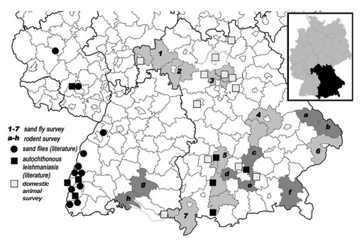 Map of southern Germany with sand fly and rodent trapping sites.