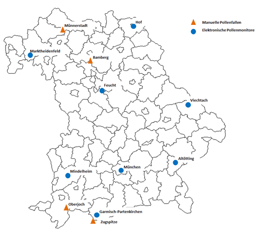 Bayernkarte mit Standorten der Pollenfallen und Elektronische Pollenmonitore