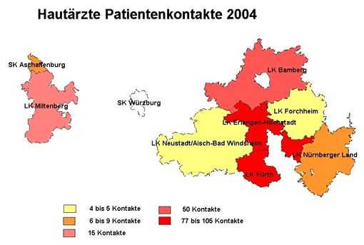 Karte: Hautarztkontakte wegen Eichenprozessionsspinnern im Jahr 2004 in fränkischen Landkreisen.