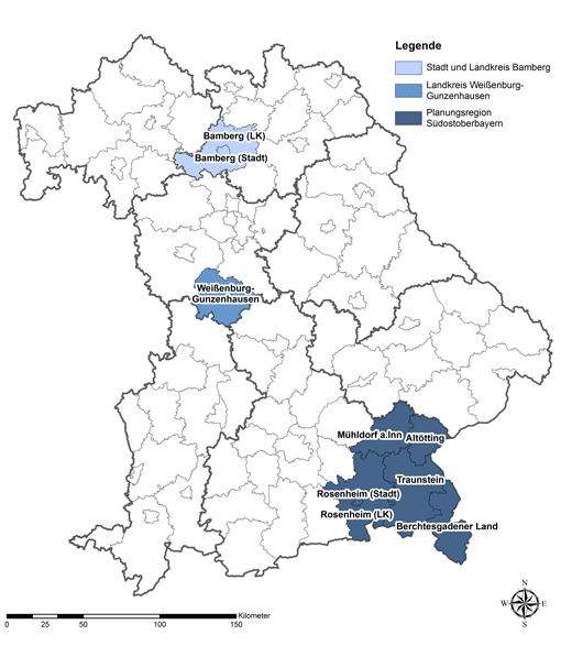 Karenausschnitt von Bayern mit den drei Modellregionen