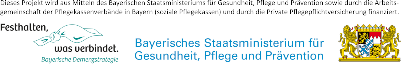 Logo der Demenzstrategie, des StMGP und folgendem Finanzierungshinweis: Dieses Projekt wird aus Mitteln des Bayerischen Staatsministeriums für Gesundheit, Pflege und Prävention sowie durch die Arbeitsgemeinschaft der Pflegekassenverbände in Bayern (soziale Pflegekassen) und durch die Private Pflegepflichtversicherung finanziert.