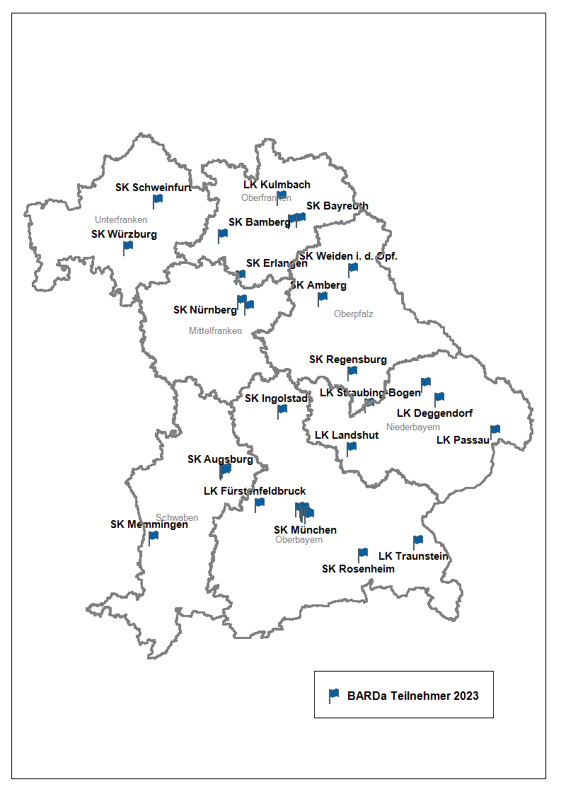Zu sehen ist eine Bayernkarte, die Standorte der BARDa-Teilnehmer sind mit blauen Fähnchen markiert.