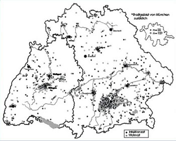 Karte von Süddeutschland: Verbreitung der Lyme Borreliose 