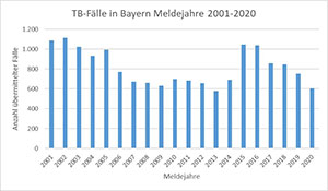 In einem Säulendiagramm sind die gemeldeten Tuberkulose-Neuerkrankungen in Bayern für die Jahre 2001 bis 2020 dargestellt (Datenquelle: SurvNet; Datenstand: 01.03.2021)