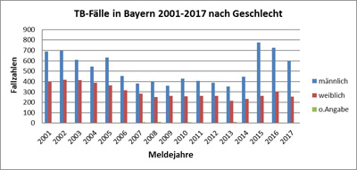 In einem Säulendiagramm zur geschlechtsabhängigen Verteilung der  gemeldeten Tuberkulose-Fälle in Bayern werden die Zahlen für Männer und Frauen verglichen. Über den gesamten Zeitraum von 2001 bis 2017 zeigen sich bei Männern deutlich höhere Fallzahlen als bei Frauen. Sie weisen für das Jahr 2015 im Vergleich zu den Vor- und Folgejahren die bisher höchste Fallzahl und die größte Fallzahldifferenz gegenüber Frauen auf, gefolgt von der Fallzahl bzw. der Differenz im Jahr 2016. Für das Melde-Jahr 2017 liegt die Fallzahl von  597 knapp unter dem Niveau von 2003 (610 Fälle) mit der dritthöchsten Differenz gegenüber Frauen. Männer erkrankten 2017 ca 2,2 mal so häufig  an einer Tuberkulose wie Frauen.  Bei Frauen bewegen sich für die Jahre 2015-2017 die Meldungen (260, 302 und 255 Fälle) weiterhin innerhalb der Schwankungsbreite ab dem Jahr 2007