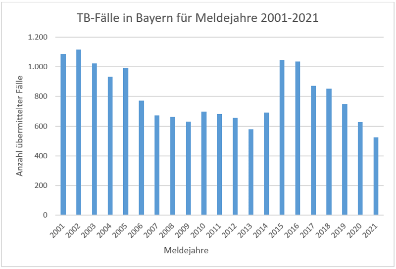 In einem Säulendiagramm sind die gemeldeten Tuberkulose-Neuerkrankungen in Bayern für die Jahre 2001 bis 2021 dargestellt (Datenquelle: SurvNet; Datenstand: 15.03.2021)