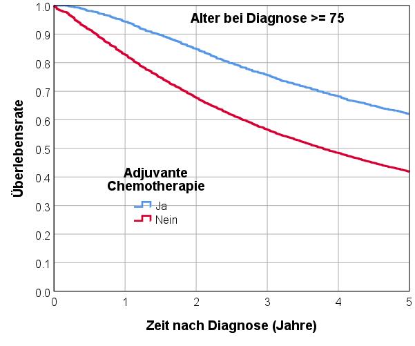 Abbildung 3 vergleicht die mit der Kaplan-Meier-Methode geschätzten Überlebenskurven, d. h. die kumulativen Überlebensraten im Zeitraum bis 5 Jahre nach Diagnose, zwischen den Patientinnen und Patienten mit und ohne adjuvante Chemotherapie. Die entsprechenden Überlebensraten betragen für die mindestens 75-Jährigen 62 % und 42 % und zeigen somit einen deutlichen Überlebensvorteil durch die Chemotherapie.