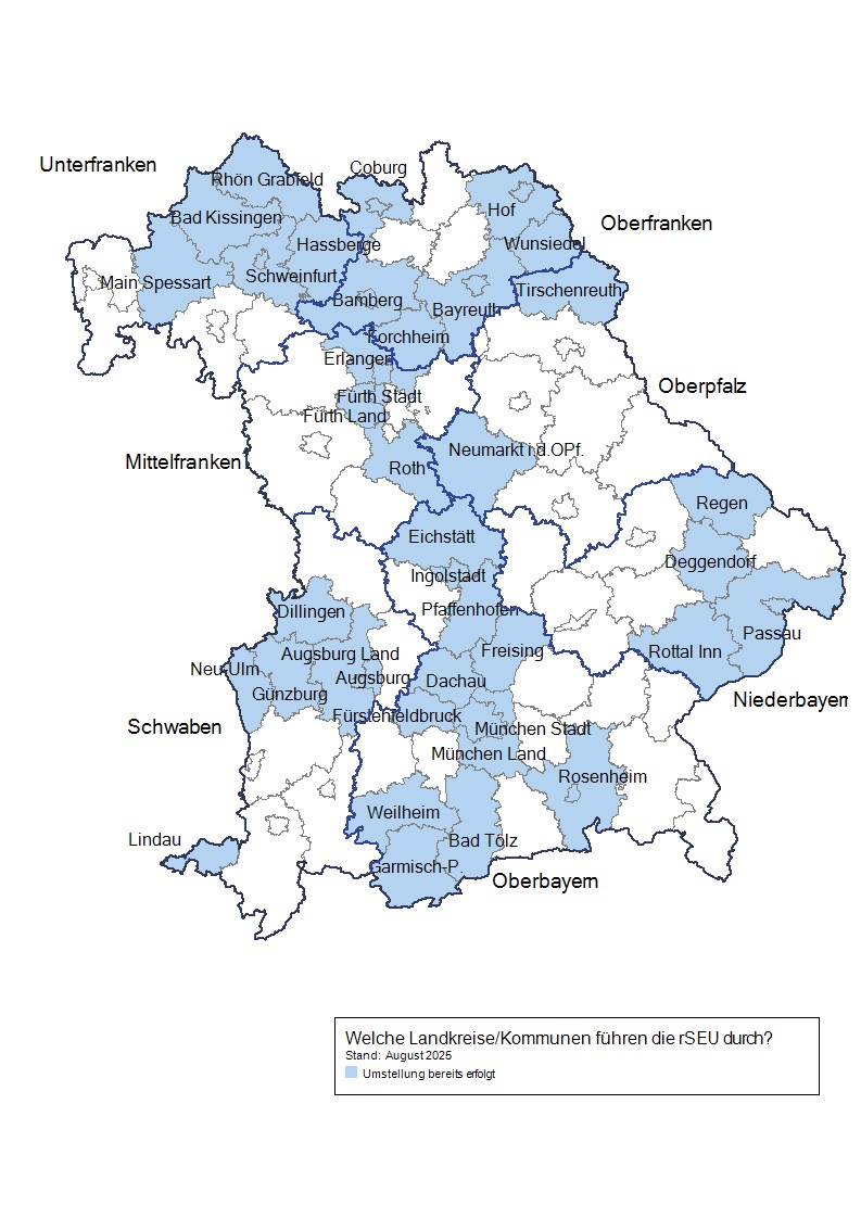 Bayern Karte mit mit farblich hervorgehobenen Landkreisen und kreisfreien Städten.
