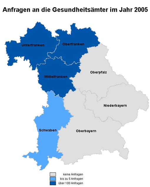 Karte: Anfragen an Gesundheitsämter wegen gesundheitlicher Beschwerden nach Kontakt mit dem Eichenprozessionsspinner im Jahr 2005 (nach Regierungsbezirken).