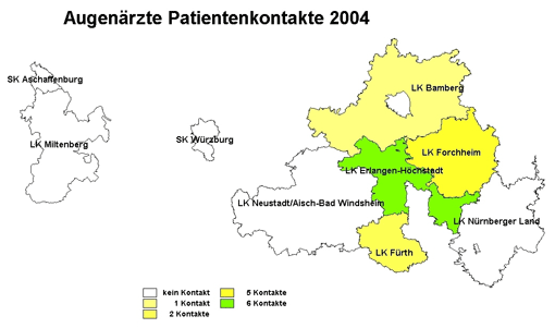 Karte: Augenarztkontakte wegen Eichenprozessionsspinnern im Jahr 2004 in fränkischen Landkreisen.