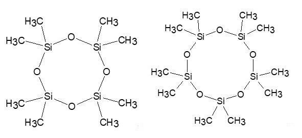 Die Abbildung zeigt die chemischen Strukturformeln von D4- und D5-Siloxan