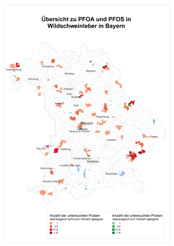 Karte zur Übersicht an Perfluoroctansäure und Perfluoroctansulfonsäure in Wildschweinleber in Bayern 