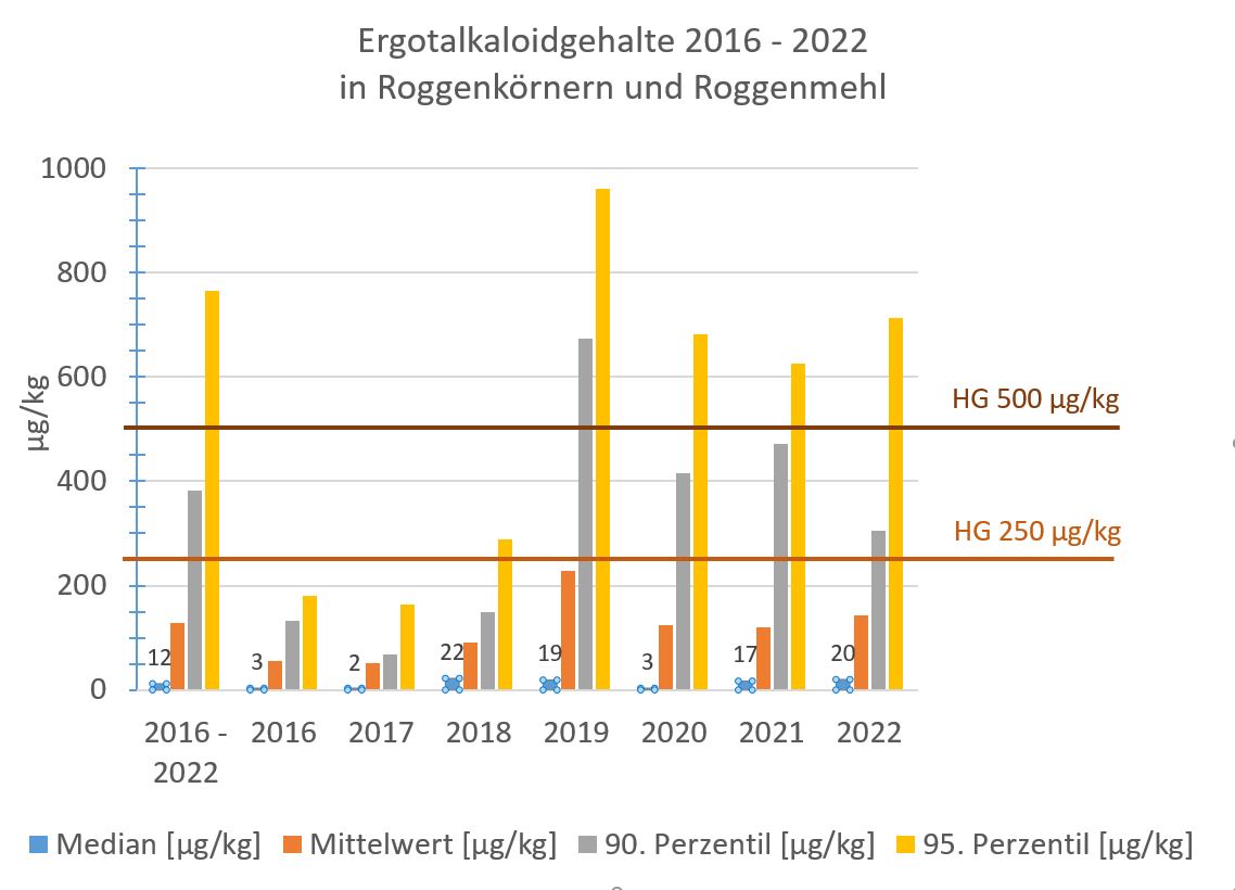 Abbildung 1 zeigt die Ergotalkaloidgehalte aus den Jahren 2016 bis 2022 in Roggenkörnern und Roggenmehl. Dargestellt sind die Daten der einzelnen Jahre von 2016 bis 2022 und die zusammengefassten Daten seit 2016 bis 2022. Mit eingezeichnet sind der momentan gültige Höchstgehalt von 500 µg/kg für Roggen und Roggenmahlerzeugnisse und der ab 01. Juli 2024 niedrigere Höchstgehalt von 250 µg/kg. Angegeben sind jeweils der Median, der Mittelwert, das 90. Perzentil und das 95. Perzentil in µg/kg. Bei Betrachtung aller zusammengefasster Daten von 2016 bis 2022 liegt das 95. Perzentil über dem momentanen Höchstgehalt von 500 µg/kg bei etwa 750 µg/kg. Das 90. Perzentil liegt unterhalb des momentanen Höchstgehalts, aber oberhalb des zukünftig niedrigeren Höchstgehalts von 250 µg/kg bei knapp unter 400 µg/kg. Der Mittelwert liegt bei knapp 100 µg/kg und der Median bei 12 µg/kg. In den Jahren 2016 und 2017 lagen alle vier mathematischen Kenndaten unterhalb von 250 µg/kg. Im Jahr 2018 lag nur das 95. Perzentil knapp über dem niedrigeren Höchstgehalt bei knapp unter 300 µg/kg. Seit 2019 lag das 95. Perzentil über dem momentanen Höchstgehalt, wobei 2019 das 95. Perzentil mit circa 950 µg/kg am höchsten war. Das 90. Perzentil lag nur 2019 über 500 µg/kg bei circa 650 µg/kg. In den Jahren 2020 bis 2022 lag das 90. Perzentil zwischen dem höheren und dem niedrigeren Höchstgehalt. Der Mittelwert und der Median lag in jedem Jahr unterhalb des niedrigeren Höchstgehalts, wobei der Median nie höher als 22 µg/kg war. 
