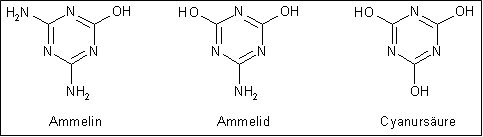 Die Abbildung zeigt die zu Melamin strukturverwandten Verbindungen Ammelin, Ammelid und Cyanursäure, bei denen eine (Ammelin), zwei (Ammelid) beziehungsweise alle drei (Cyanursäure) Aminogruppen durch Hydroxylgruppen ersetzt sind.
