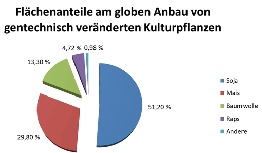 Grafik zeigt gentechnisch veränderte Kulturpflanzen 2011; Vier Pflanzenarten repräsentieren nahezu 100 % des globalen Anbaus von gentechnisch veränderten Organismen (Mais 30%, Baumwolle 12%, Raps 5% sowie Soja 53%