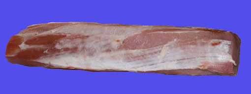 Das Bild zeigt einen ganzen rohen Schweinelachs. Er hat eine Länge von ca. 40 cm und ist auf der Oberseite von einer dünnen Bindegewebsschicht von weißlicher Farbe, der so genannten Muskelfaszie bedeckt. Die circa 12 mal 5 cm große Querschnittfläche zeigt das magere, rosarote Fleisch.
