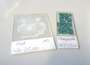 Das Bild zeigt zwei Objektträger - das sind die kleinen rechteckigen Glasplättchen, auf die der Schnitte aufgeklebt werden. Der rechte Schnitt ist bereits gefärbt und mit einem Deckglas versehen. 
