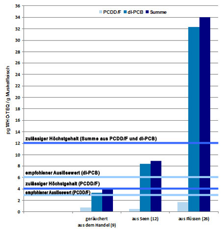 Das Säulendiagramm der Abbildung 2 stellt die mittleren Gehalte an PCDD/F und dl-PCB in 47 Aalproben im Zeitraum seit 2008 dar.?Die empfohlenen Auslösewerte betragen bei Aal für PCDD/F 3 pg/g Muskelfleisch und für dl-PCB 6 pg/g Muskelfleisch. Die zulässigen Höchstgehalte für Aal liegen bei 4 pg/g Muskelfleisch für PCDD/F und 12 pg/g Muskelfleisch für die Summe von PCDD/F und dl-PCB. ?Bei geräuchertem Aal aus dem Handel (neun Proben) stellte das LGL mittlere Gehalte an PCDD/F von 0,7 pg/g Muskelfleisch und an dl-PCB von 3,3 pg/g Muskelfleisch fest. Die Summe an PCDD/F und dl-PCB betrug 4,0 pg/g Muskelfleisch.?