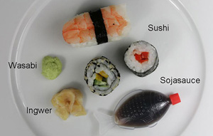 Die Abbildung zeigt in der Aufsicht auf einem weißen Teller angerichtet dreierlei Sushi sowie einen haselnussgroßen Klecks einer grünlichen Paste, einige Ingwerstreifen sowie Sojasauce, die in einem transparenten Kunststofffläschchen in Fischform abgefüllt ist.