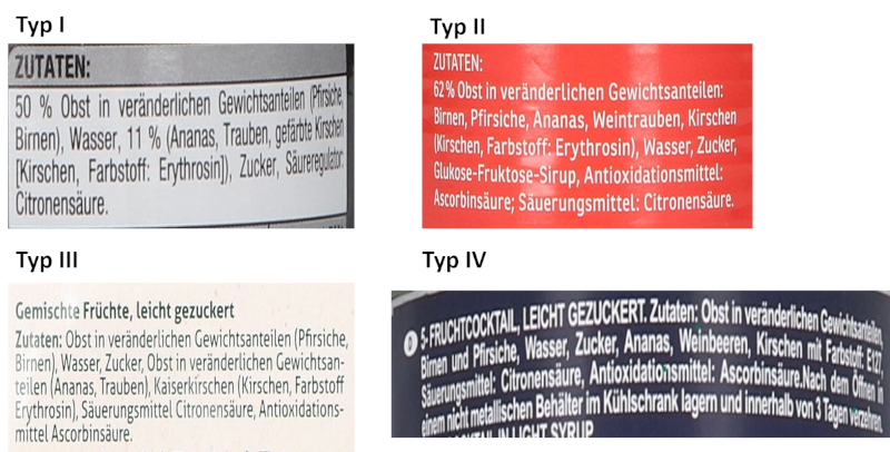 Die Abbildung zeigt Kopien von vier verschiedenen Zutatenverzeichnisse von den Originaletiketten von Obstkonserven aus mehreren Fruchtarten mit Aufguss, wobei jedes Zutatenverzeichnis einen anderen Kennzeichnungstyp der Zutaten nach Version C wiedergibt. 