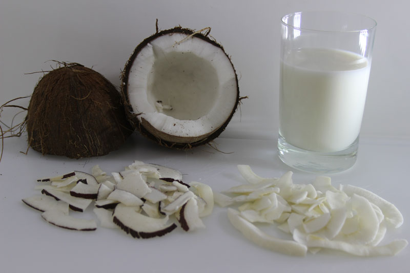 Kokusnuss halbiert,  in Scheiben und Chipsform sowie Kokusnussmilch 