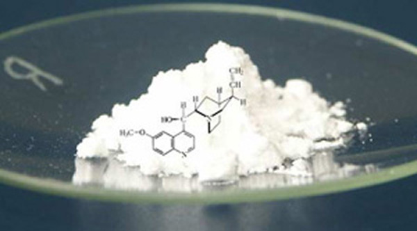 Das Bild zeigt ein weißes Pulver in einer Glasschale, überlagert mit der chemischen Formel für Chinin