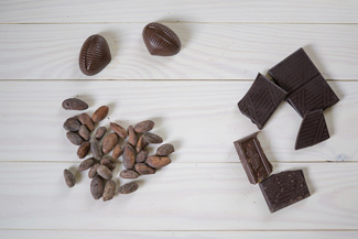 Das Bild zeigt Kakaobohnen und Stücke dunkler Schokolade