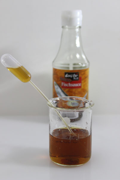 Das Foto zeigt in einem Laborglas mit Pipette eine braune Flüssigkeit, die Fischsoße. Im Hintergrund ist die Originalflasche zu sehen.