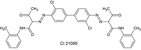 Chemische Formel  des gelben Farbstoffsmit der Bezeichnung „Pigment Yellow 14“ und   der  Nummer CI 21095 .