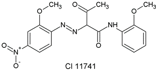 Chemische Formel  des gelben Farbstoffs mit der Bezeichnung „Pigment Yellow 74“ und der Nummer CI 11741 .
