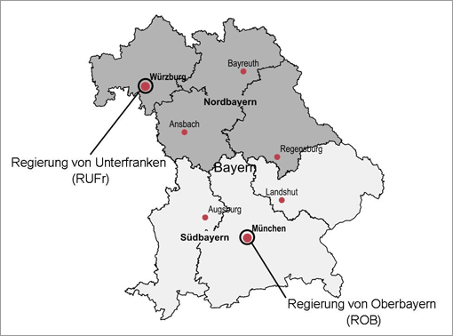 Landkarte von Bayern mit den zuständigen Regierungen. Detailinformationen in der nachfolgenden Abbildungsbeschreibung.