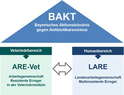 Die ARE-Vet (Arbeitsgemeinschaft Resistente Errerger in der Veterinärmedizin) und ihr Pendant im Humanbereich die LARE (Landesarbeitsgemeinschaft Multiresistenter Errerger) stehen unter dem Dach von BAKT (Bayerisches Aktionsbündnis gegen Antibiotikaresistenz)