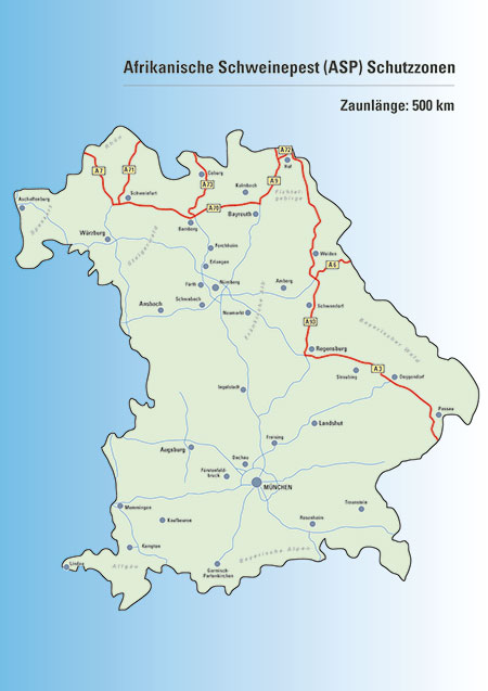 Landkarte von Bayern, die Autobahnen A3, A9 und A7 sind rot dargestellt.
