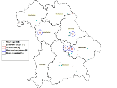 Karte von Bayern mit Umrissen der Regierungsbezirke und Überwachungs- und Schutzzonen